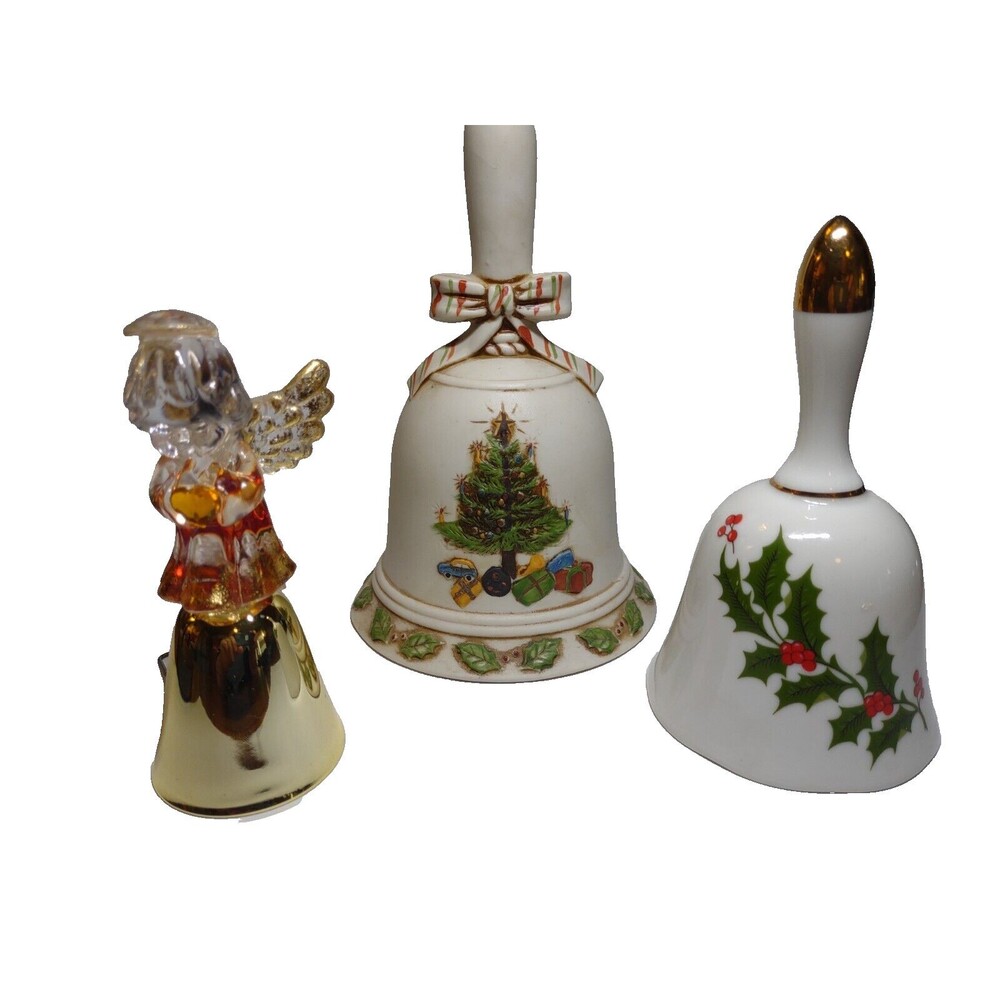 3 Vintage Christmas Bells Porcelain Ceramic Plastic Metal Angel Tree Holly Leave